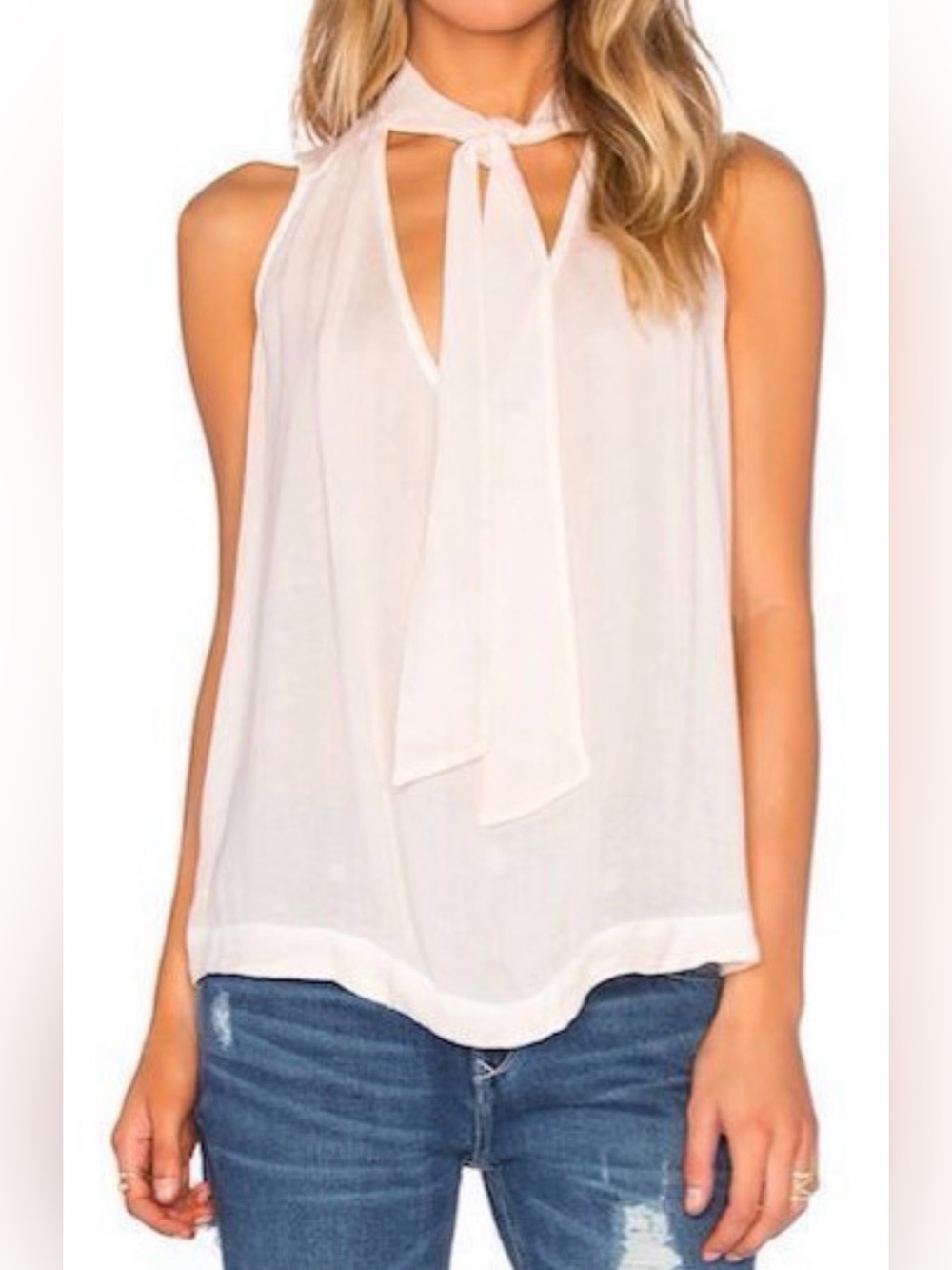 Free People 100% Rayon Sleeveless Tie-Neck High/Low Blouse in Ivory